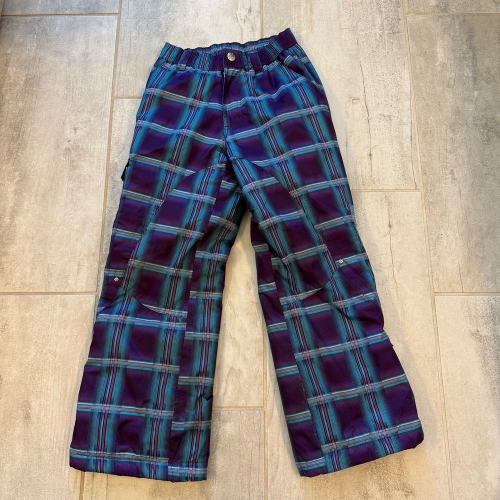 ZEROXPOSUR Kids Plaid Ski Snow Pants Size S 7/8 Purple‎ Teal Insulated